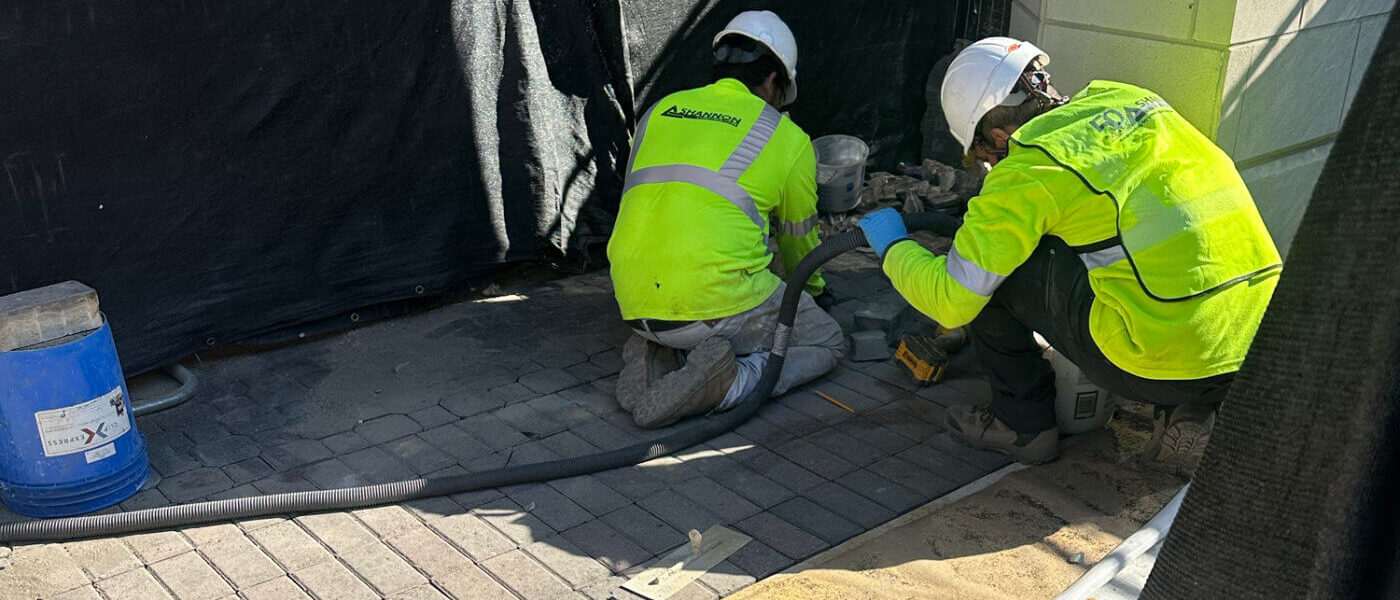 Concrete piller and masonry restoration for a sidewalk